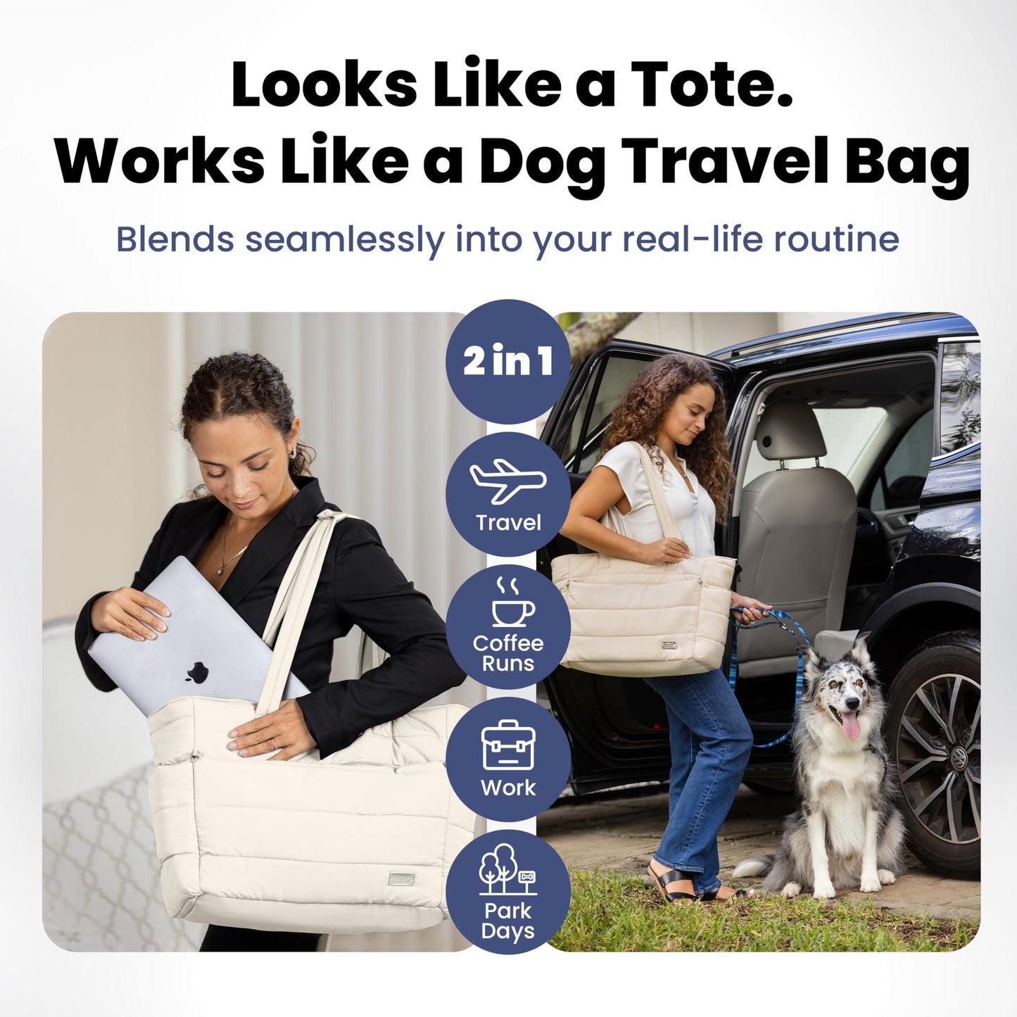 rubyloo Puffer Dog Travel Bag for Dog Moms – Doggy Diaper Bag with Pet Bowls & Food Storage or Everyday Puffy Tote – Doggy Mom Gifts for Women – Lightweight, Travel-Ready Gift for Pet Lovers – Beige