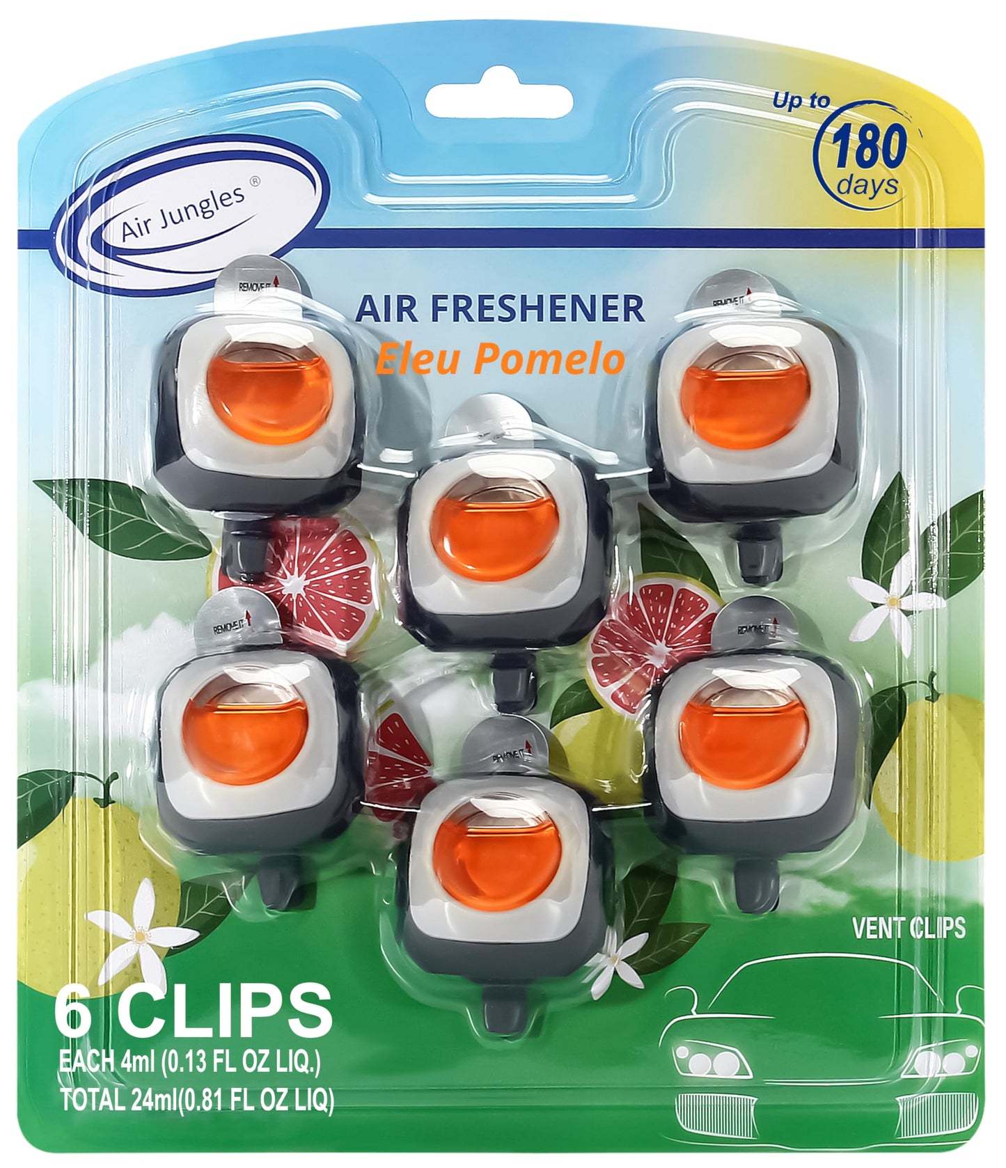 Air Jungles New Car Scent Car Air Freshener Vent Clip, 6 Count Long Lasting Up to 180 days, Natural Essential Oil Car Fragrance for Women and Men, Odor Eliminator - 4ml Each