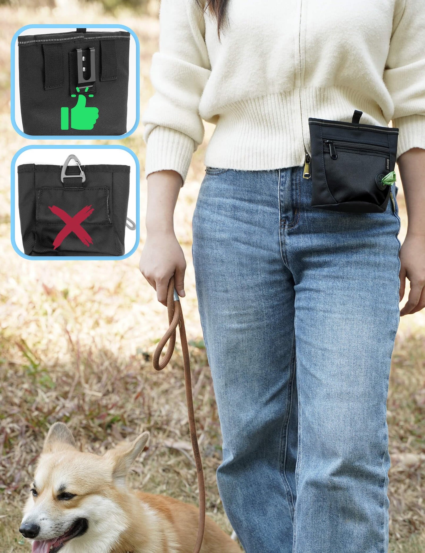 Gobeigo Dog Treat Pouch and Training Clicker, Upgrade Two Magnetic Closure to Prevent Spills, 2 Cup Treat Bag with Poop Bag Dispenser, Metal Clip Waist Belt Fanny Pack for Pet Walk (Black/Blue)