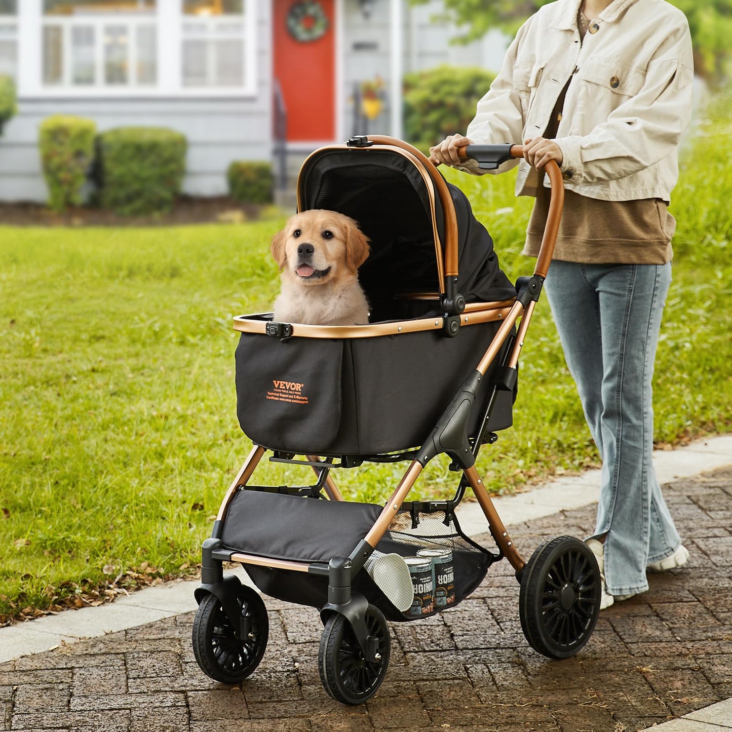 VEVOR Pet Stroller, 35 lbs Weight Capacity, Foldable Dog Stroller Cart, 4 Wheels Cats Strollers with with Detachable Carrier & Mesh Windows, Portable Design with Brake for Small to Medium Pets