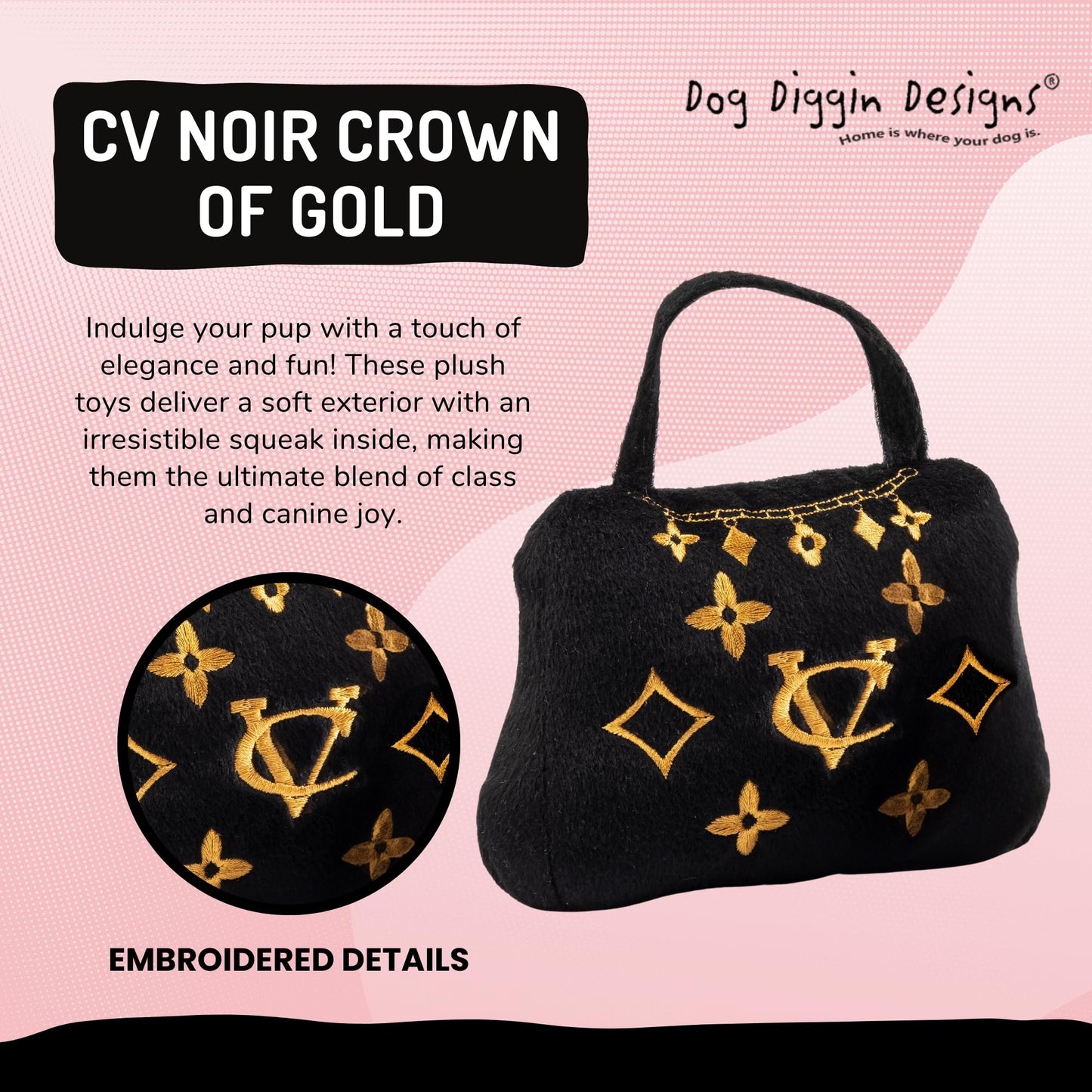 Diggin Designs Sniffany & Co Squeaky Plush Dog Toy Purse | Luxury-Inspired Parody Designer Handbag with Built-in Squeaker, Soft Plush Fashion Dog Toy – Haute Couture Purses & Handbags