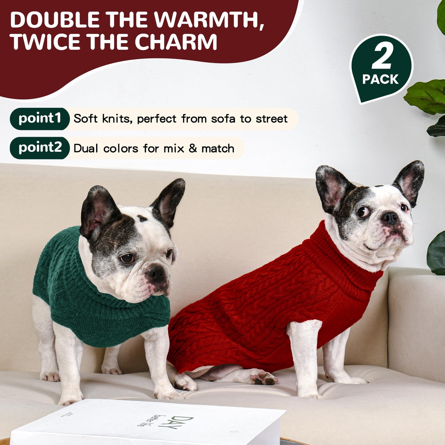 2 Pack Dog Sweaters for Small Dogs Winter Turtleneck Pullover Cable Knit Fleece Stretch Puppy Doggie Chihuahua Toy Poodle Yorkie Pomeranian Boy Girl Pet Clothes (S, Pink & Purple)