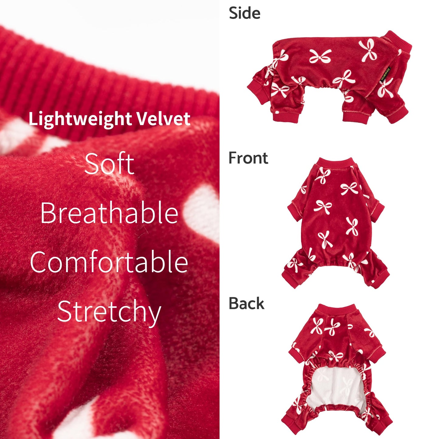 Fitwarm Bowknot Dog Pajamas, Warm Clothes for Small Dogs Girl, Fleece Pet Onesie with Feet, Burgundy Red, White, Small