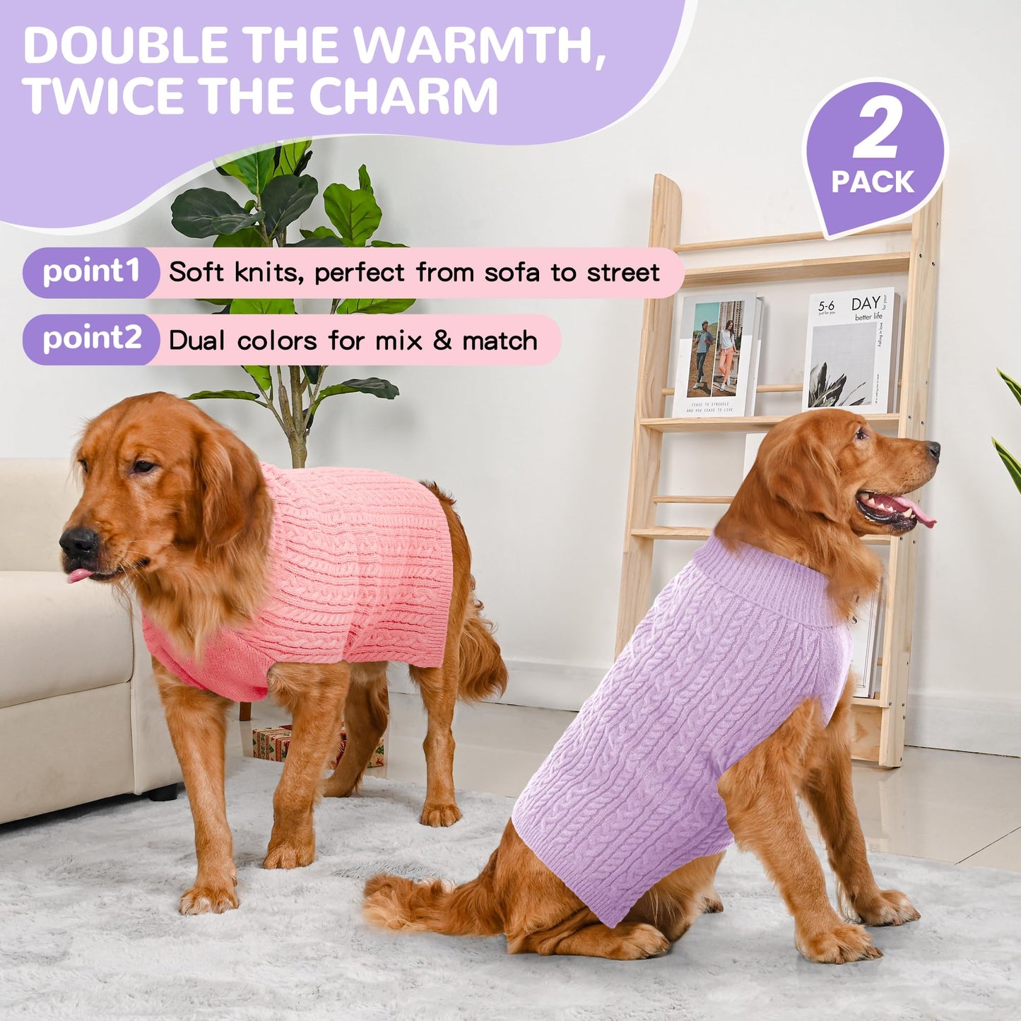 2 Pack Dog Sweaters for Small Dogs Winter Turtleneck Pullover Cable Knit Fleece Stretch Puppy Doggie Chihuahua Toy Poodle Yorkie Pomeranian Boy Girl Pet Clothes (S, Pink & Purple)