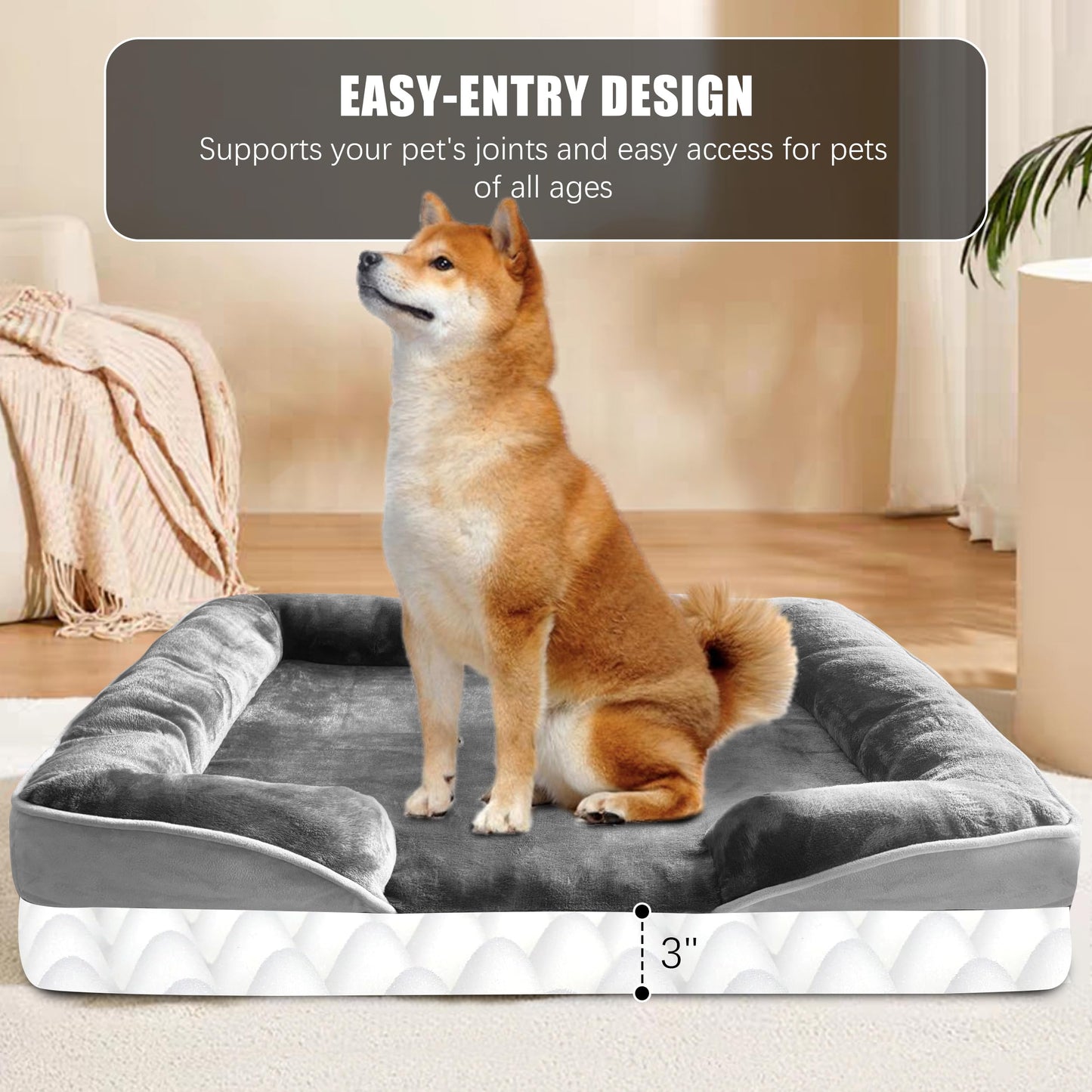 Orthopedic Dog Bed with Sides - Dog Sofa Beds for Medium Dogs, Supportive Foam Pet Couch Bed with Washable Removable Cover, Waterproof Lining and Non-Slip Bottom, Grey - M