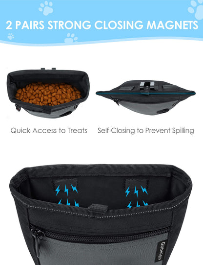 Gobeigo Dog Treat Pouch and Training Clicker, Upgrade Two Magnetic Closure to Prevent Spills, 2 Cup Treat Bag with Poop Bag Dispenser, Metal Clip Waist Belt Fanny Pack for Pet Walk (Black/Blue)