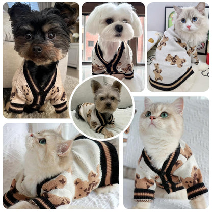 ABRRLO Small Dog Sweaters Cute Bear Dog Cardigans Clothes for Small Medium Dogs Boy Girl Puppy Cat Knitting Cardigan Outfits Dogs Autumn Coats Warm Pet Doggy Clothes Soft Knitwear Apparel (Beige,M)