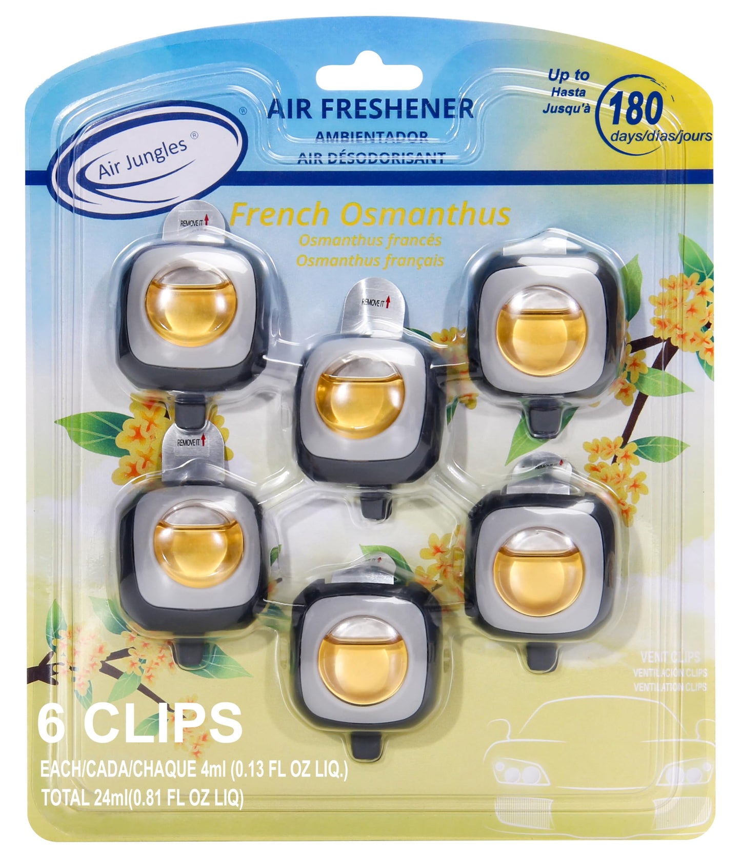 Air Jungles New Car Scent Car Air Freshener Vent Clip, 6 Count Long Lasting Up to 180 days, Natural Essential Oil Car Fragrance for Women and Men, Odor Eliminator - 4ml Each