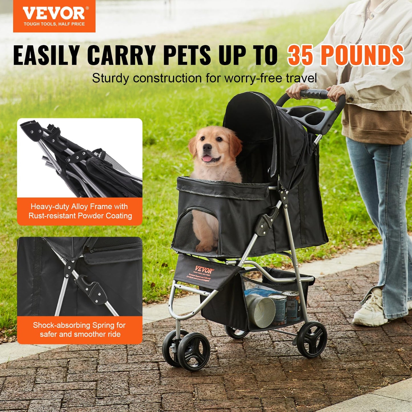 VEVOR Pet Stroller, 35 lbs Weight Capacity, Foldable Dog Stroller Cart, 4 Wheels Cats Strollers with with Detachable Carrier & Mesh Windows, Portable Design with Brake for Small to Medium Pets