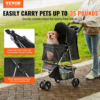 VEVOR Pet Stroller, 35 lbs Weight Capacity, Foldable Dog Stroller Cart, 4 Wheels Cats Strollers with with Detachable Carrier & Mesh Windows, Portable Design with Brake for Small to Medium Pets