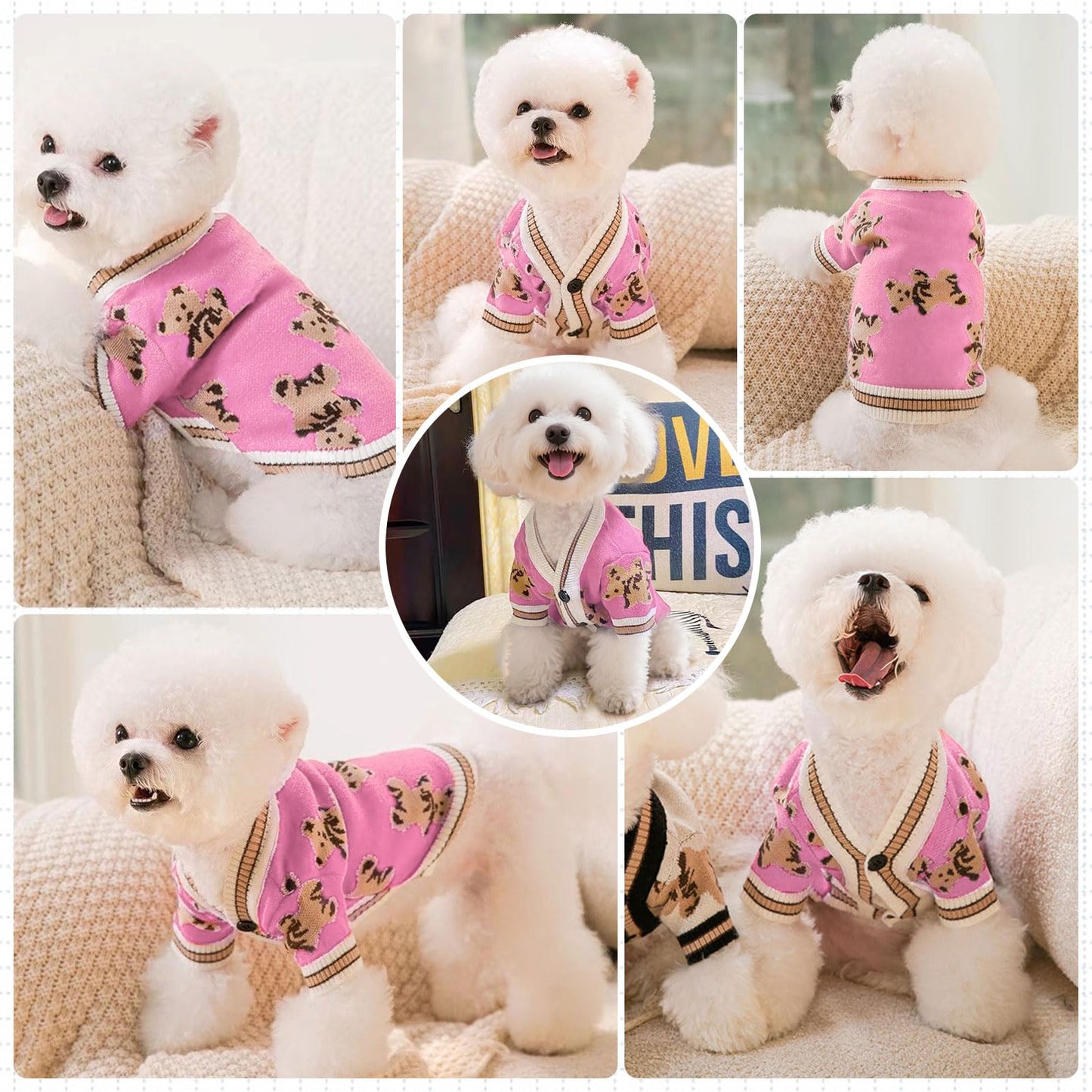 ABRRLO Small Dog Sweaters Cute Bear Dog Cardigans Clothes for Small Medium Dogs Boy Girl Puppy Cat Knitting Cardigan Outfits Dogs Autumn Coats Warm Pet Doggy Clothes Soft Knitwear Apparel (Beige,M)