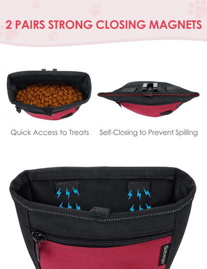Gobeigo Dog Treat Pouch and Training Clicker, Upgrade Two Magnetic Closure to Prevent Spills, 2 Cup Treat Bag with Poop Bag Dispenser, Metal Clip Waist Belt Fanny Pack for Pet Walk (Black/Blue)