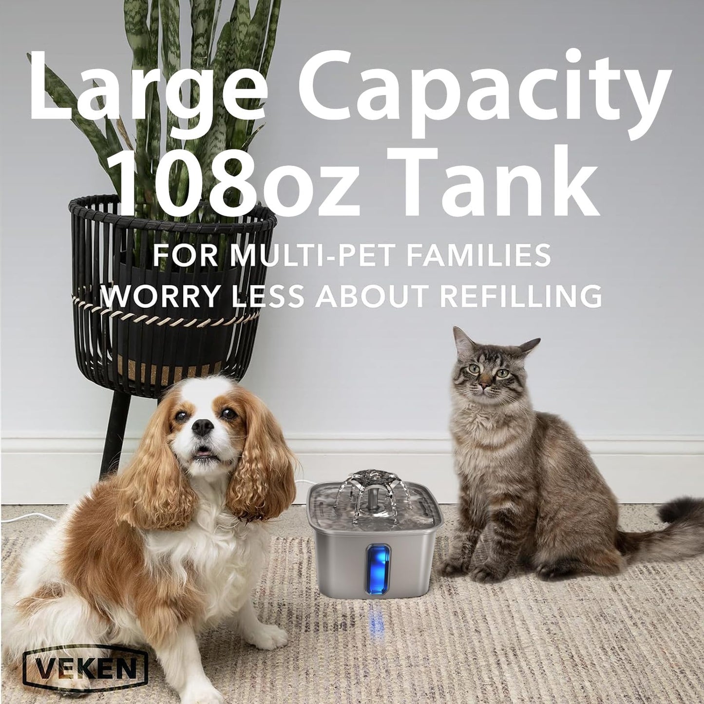 Veken Innovation Award Winner Stainless Steel Cat Water Fountain, 108oz/3.2L Automatic Pet Fountain Dog Water Dispenser with 3 Replacement Filters & Silicone Mat, Gifts for Cats, Dogs (Silver)