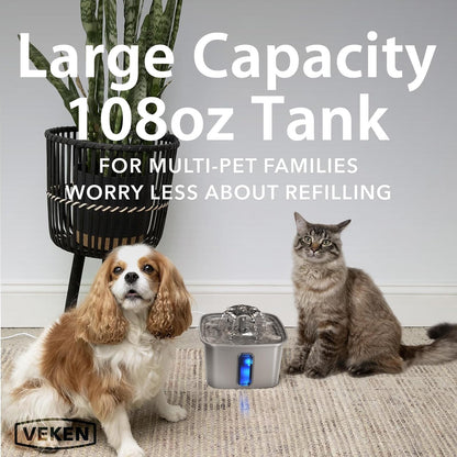 Veken Innovation Award Winner Stainless Steel Cat Water Fountain, 108oz/3.2L Automatic Pet Fountain Dog Water Dispenser with 3 Replacement Filters & Silicone Mat, Gifts for Cats, Dogs (Silver)