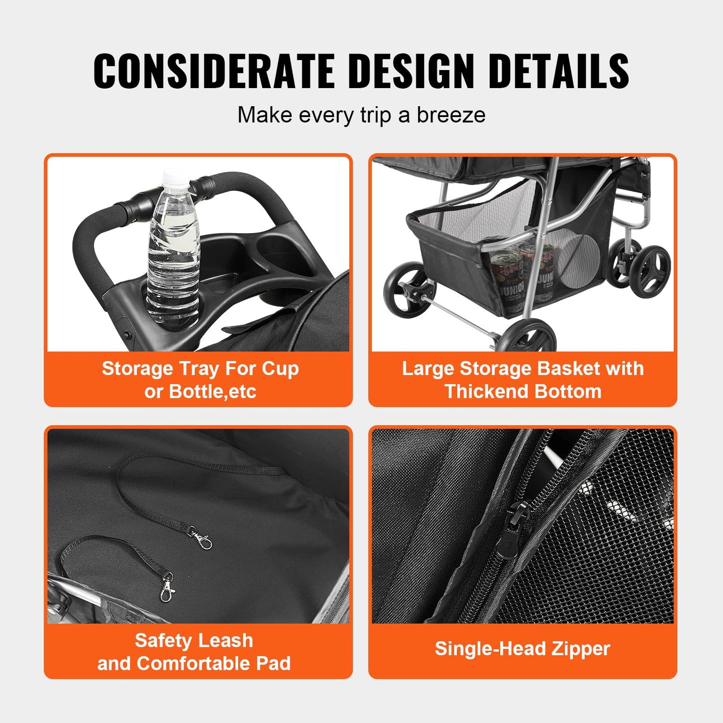 VEVOR Pet Stroller, 35 lbs Weight Capacity, Foldable Dog Stroller Cart, 4 Wheels Cats Strollers with with Detachable Carrier & Mesh Windows, Portable Design with Brake for Small to Medium Pets