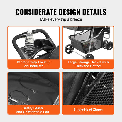 VEVOR Pet Stroller, 35 lbs Weight Capacity, Foldable Dog Stroller Cart, 4 Wheels Cats Strollers with with Detachable Carrier & Mesh Windows, Portable Design with Brake for Small to Medium Pets