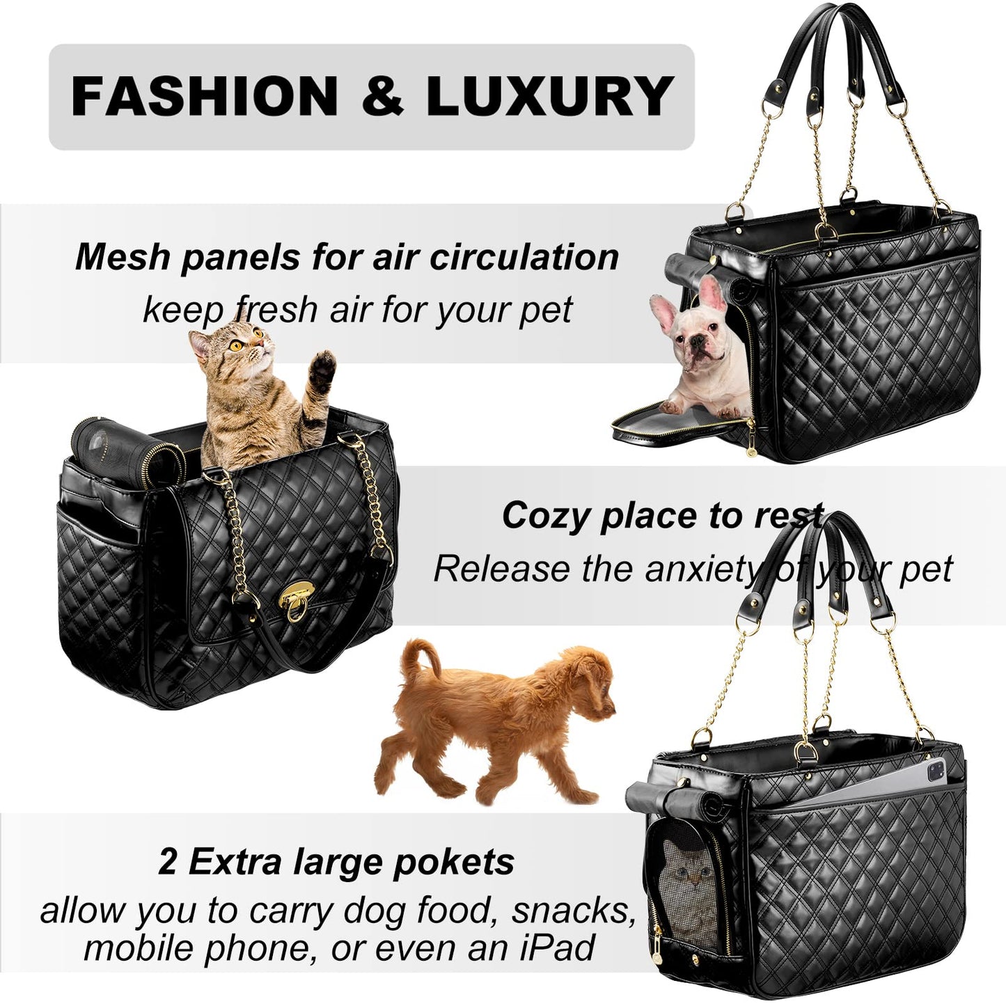 Fashion Dog Purse for Small Dogs with 2 Super-Large Pockets, Holds Up to 10lbs PU Leather Pet Carrier, Cat Carrier, Airline Approved Puppy Purse for Travel (Black, Small Size)