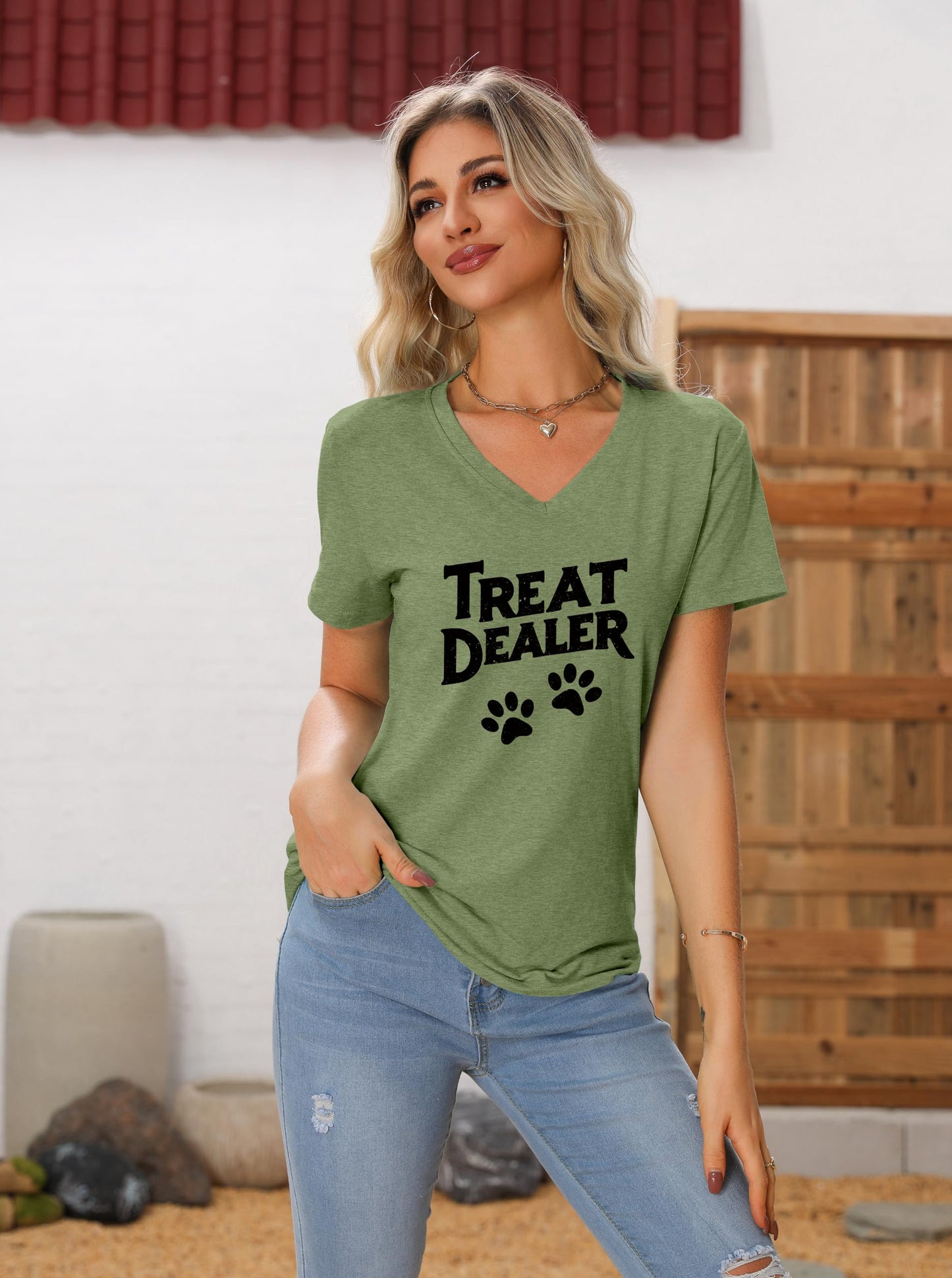 Treat Dealer T Shirt Women, V Neck Short Sleeve Tops Cute Dog Paw Print Graphic Tees Funny Humor Dog Owner Shirts