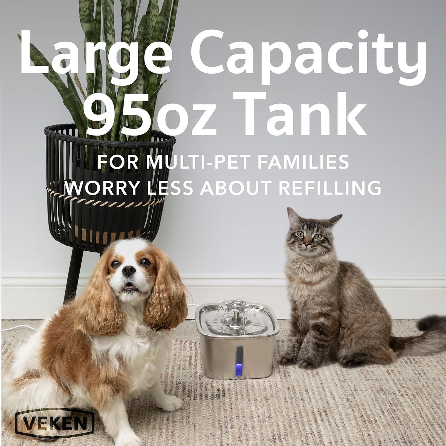 Veken Innovation Award Winner Stainless Steel Cat Water Fountain, 108oz/3.2L Automatic Pet Fountain Dog Water Dispenser with 3 Replacement Filters & Silicone Mat, Gifts for Cats, Dogs (Silver)
