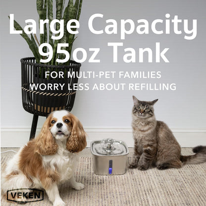 Veken Innovation Award Winner Stainless Steel Cat Water Fountain, 108oz/3.2L Automatic Pet Fountain Dog Water Dispenser with 3 Replacement Filters & Silicone Mat, Gifts for Cats, Dogs (Silver)