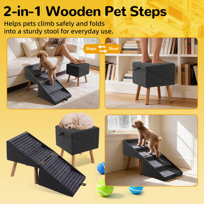 17.13" H Dog Stairs for Small Dogs, 2-in-1 Pet Steps & Ottoman - Foldable Dog Stairs for Couch, Non-Slip Wooden Pet Stairs for Puppy Senior Injured Dogs (Black)