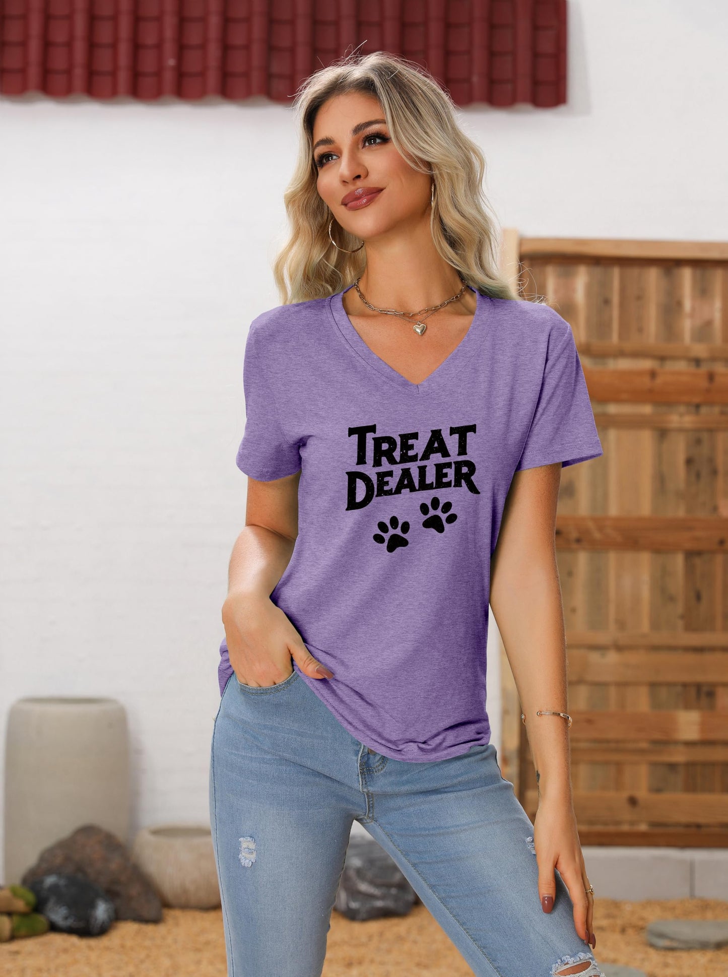 Treat Dealer T Shirt Women, V Neck Short Sleeve Tops Cute Dog Paw Print Graphic Tees Funny Humor Dog Owner Shirts