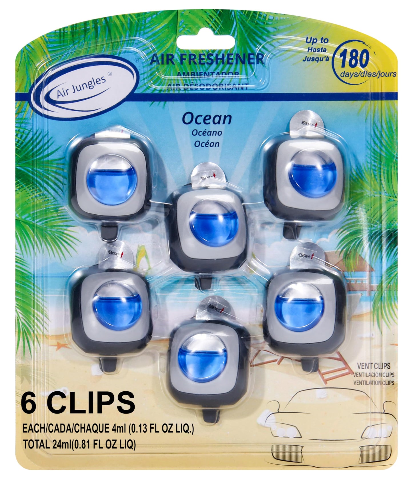 Air Jungles New Car Scent Car Air Freshener Vent Clip, 6 Count Long Lasting Up to 180 days, Natural Essential Oil Car Fragrance for Women and Men, Odor Eliminator - 4ml Each