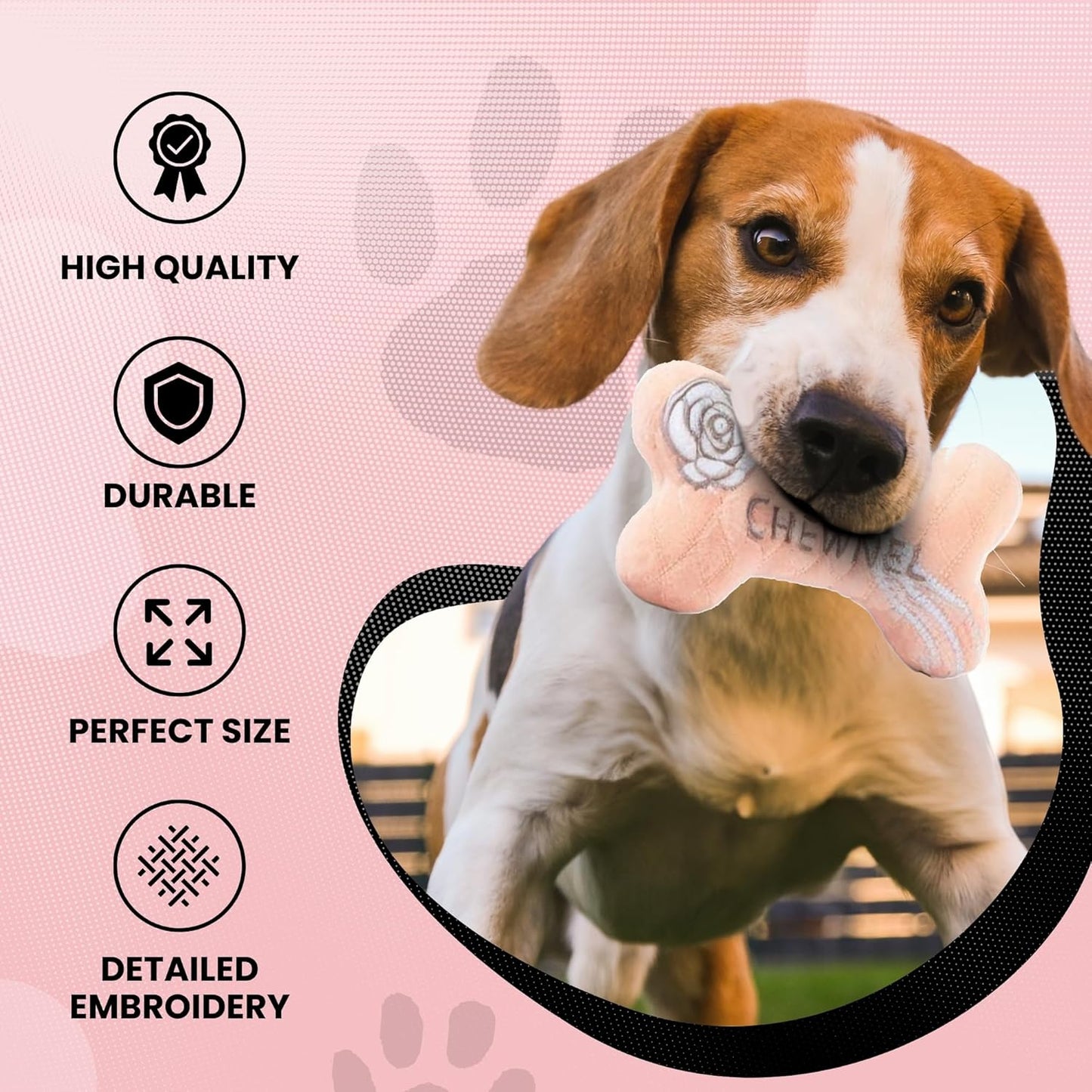 Dog Diggin Designs Chewnel Blush Plush Dog Toy Bone | Luxury-Inspired Parody Designer Bone with Squeaker, Soft Plush Chew & Play Dog Toy – Prêt-à-Porter Play!