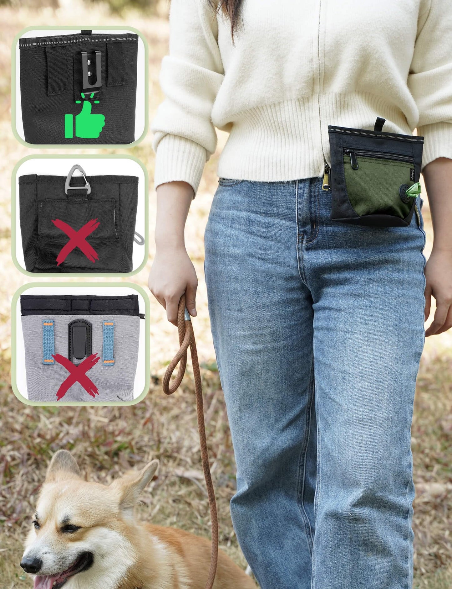 Gobeigo Dog Treat Pouch and Training Clicker, Upgrade Two Magnetic Closure to Prevent Spills, 2 Cup Treat Bag with Poop Bag Dispenser, Metal Clip Waist Belt Fanny Pack for Pet Walk (Black/Blue)