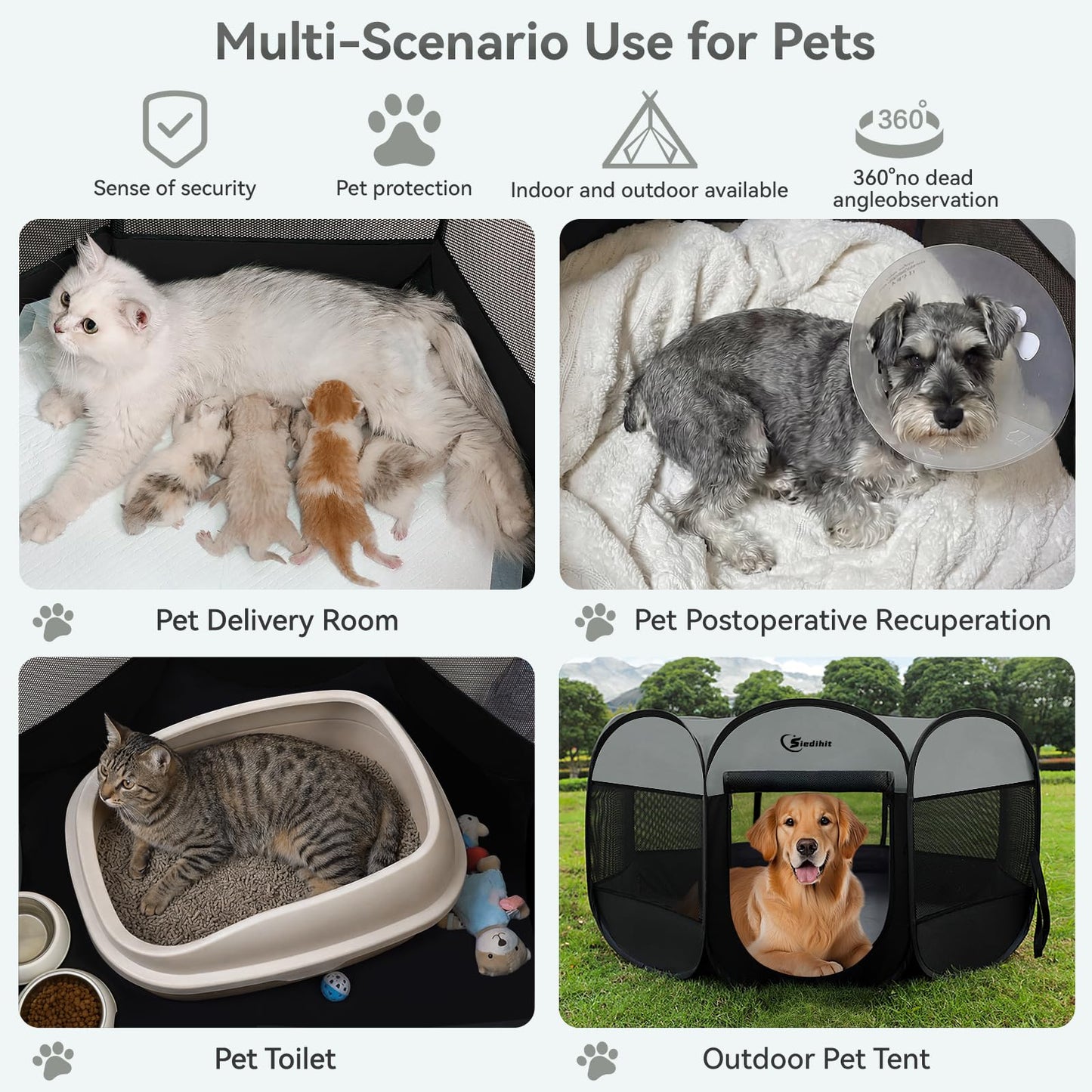 Siedihit Dog Cat Playpen, Puppy Pet Playpen Indoor for Small Dog Crate Tent Cage Outdoor, Portable Pop Up Dogs Enclosure Kennel with Carrying Case for Dogs/Cats/Rabbits(Grey, Small