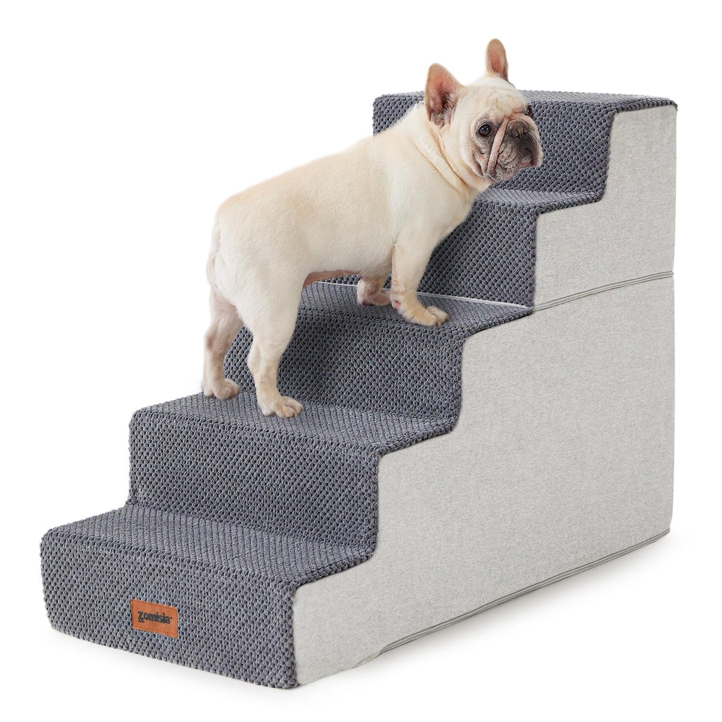 Dog Stairs for Small Dogs - Pet Stairs 2 in 1 with Zippers Suitable for Couch and Bed, 35D Foam Dog Steps with Non Slip Bottom Grey 4 Steps, Beige