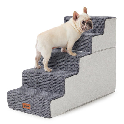Dog Stairs for Small Dogs - Pet Stairs 2 in 1 with Zippers Suitable for Couch and Bed, 35D Foam Dog Steps with Non Slip Bottom Grey 4 Steps, Beige