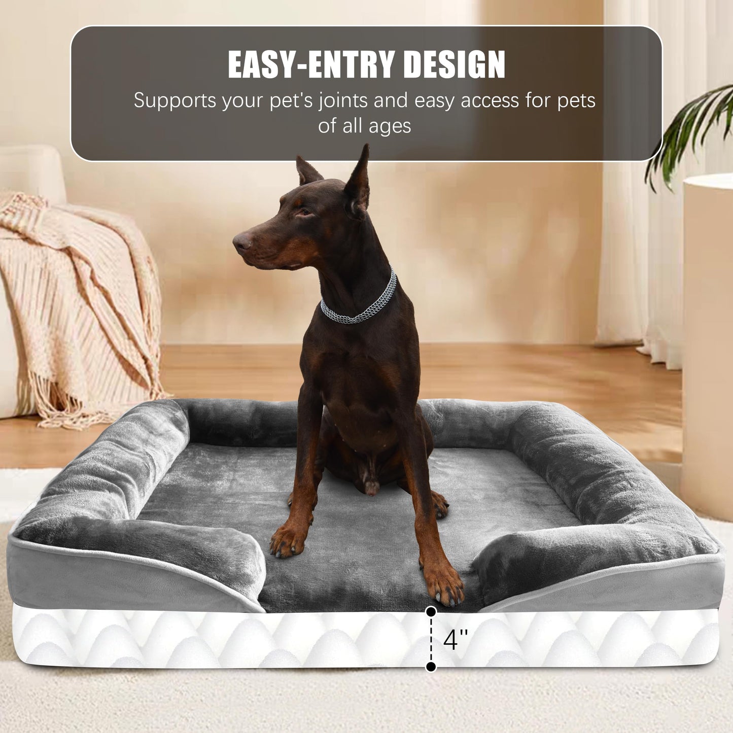 Orthopedic Dog Bed with Sides - Dog Sofa Beds for Medium Dogs, Supportive Foam Pet Couch Bed with Washable Removable Cover, Waterproof Lining and Non-Slip Bottom, Grey - M