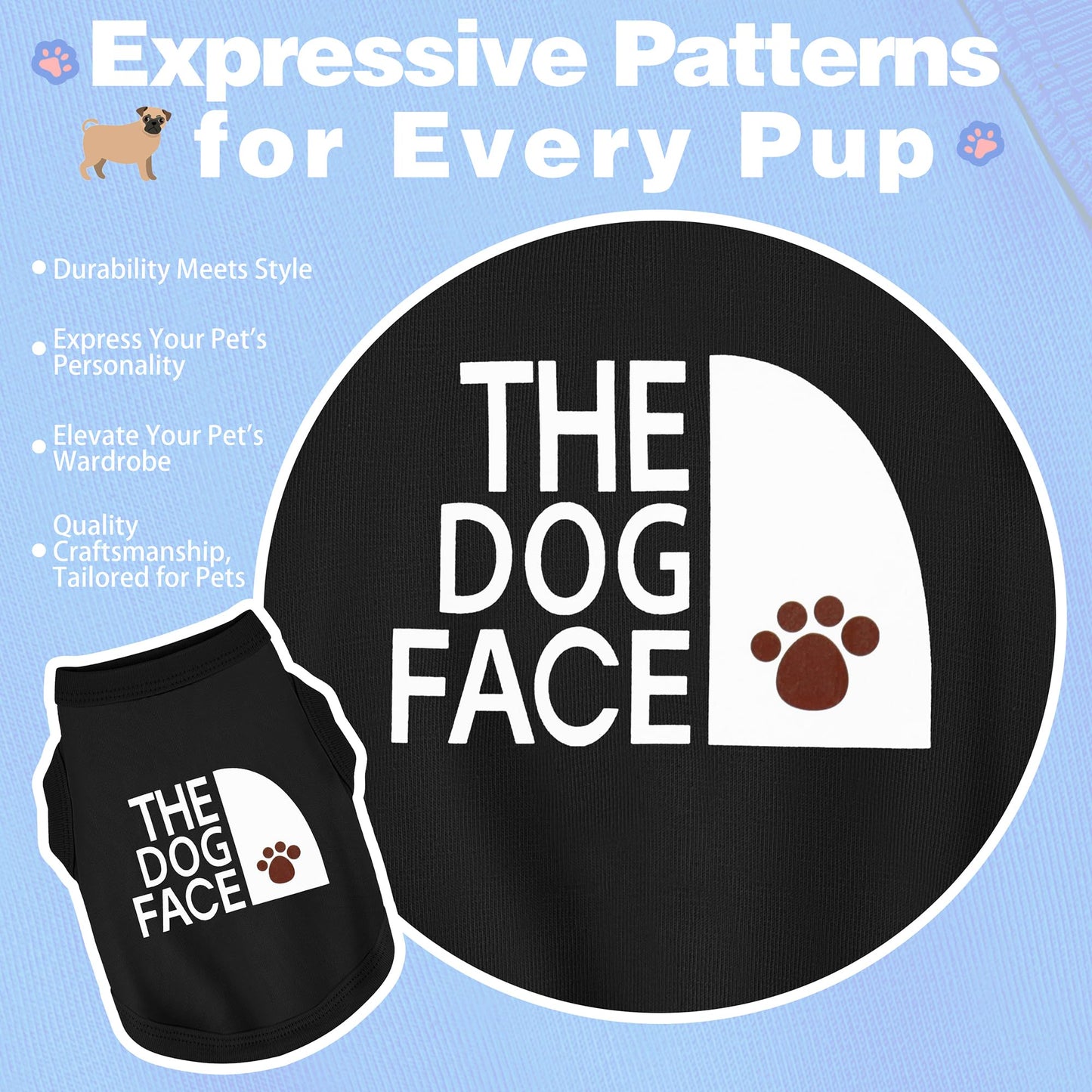 Personality Canine Attire: Soft, Lightweight Cotton Dog Clothes with 'The Dog Face' Print. Small and Medium Breeds, Perfect for Everyday Wear, Comfortable and Breathable Dog Shirt Black XS