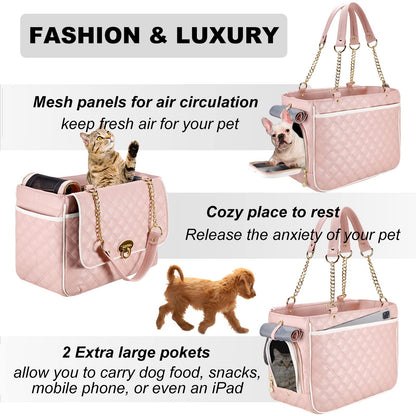 Fashion Dog Purse for Small Dogs with 2 Super-Large Pockets, Holds Up to 10lbs PU Leather Pet Carrier, Cat Carrier, Airline Approved Puppy Purse for Travel (Black, Small Size)