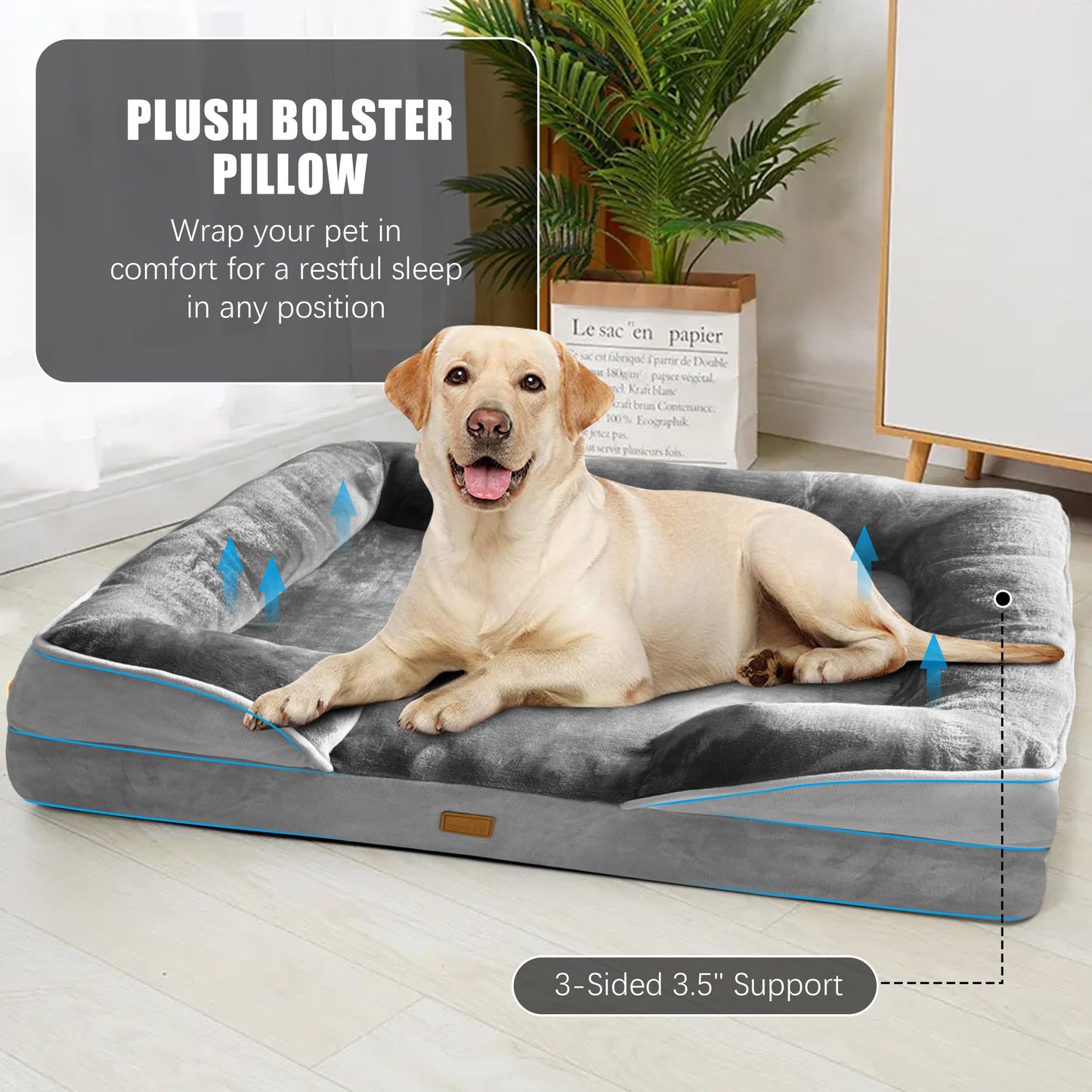 Orthopedic Dog Bed with Sides - Dog Sofa Beds for Medium Dogs, Supportive Foam Pet Couch Bed with Washable Removable Cover, Waterproof Lining and Non-Slip Bottom, Grey - M