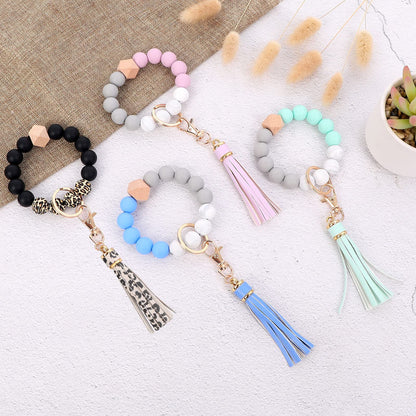 BAOSIWA Silicone Beaded Bracelet Keychain Wristlet Key Ring Bangle Chains for Women with Leather Tassel