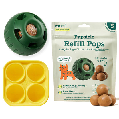 WOOF Starter Pack - Interactive Dog Ball Toy for Boredom - Dog Treat Molds Silicone - Chicken-Flavored Healthy Treats for Dogs - Pupsicle Doggy Enrichment Toy - for Large Pups - 25-75 lbs