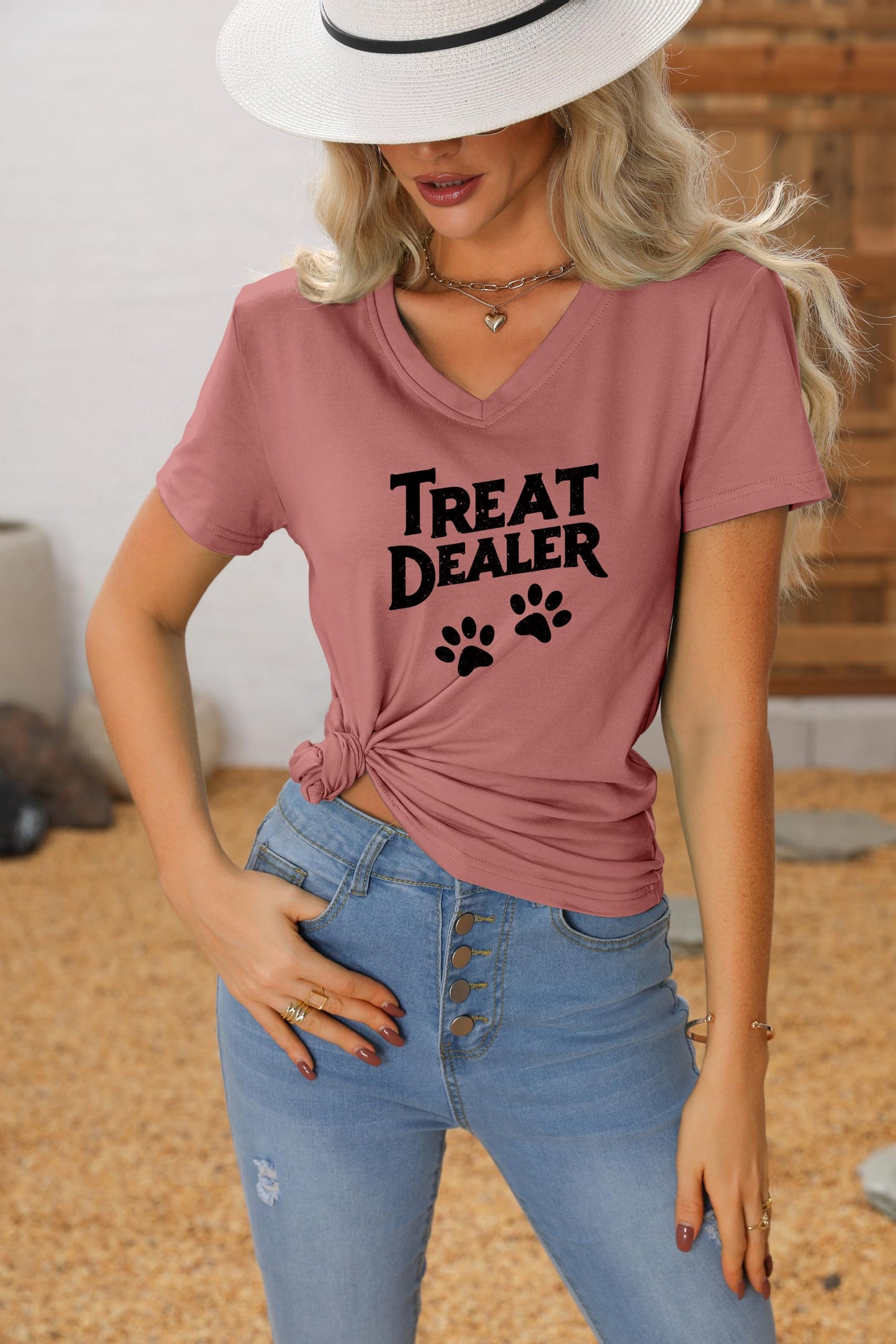 Treat Dealer T Shirt Women, V Neck Short Sleeve Tops Cute Dog Paw Print Graphic Tees Funny Humor Dog Owner Shirts