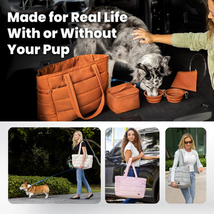 rubyloo Puffer Dog Travel Bag for Dog Moms – Doggy Diaper Bag with Pet Bowls & Food Storage or Everyday Puffy Tote – Doggy Mom Gifts for Women – Lightweight, Travel-Ready Gift for Pet Lovers – Beige
