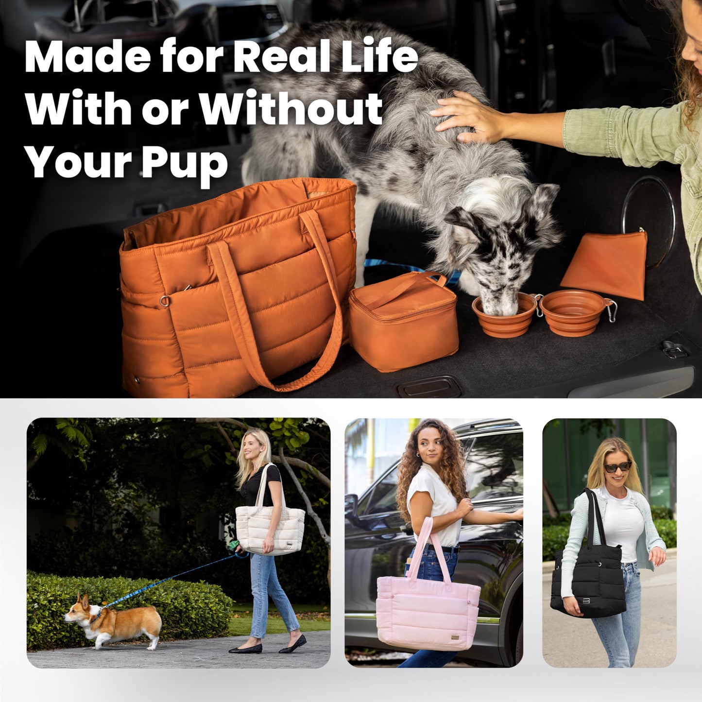rubyloo Puffer Dog Travel Bag for Dog Moms – Doggy Diaper Bag with Pet Bowls & Food Storage or Everyday Puffy Tote – Doggy Mom Gifts for Women – Lightweight, Travel-Ready Gift for Pet Lovers – Beige