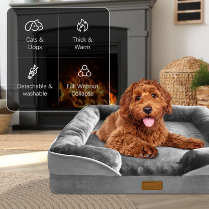 Orthopedic Dog Bed with Sides - Dog Sofa Beds for Medium Dogs, Supportive Foam Pet Couch Bed with Washable Removable Cover, Waterproof Lining and Non-Slip Bottom, Grey - M
